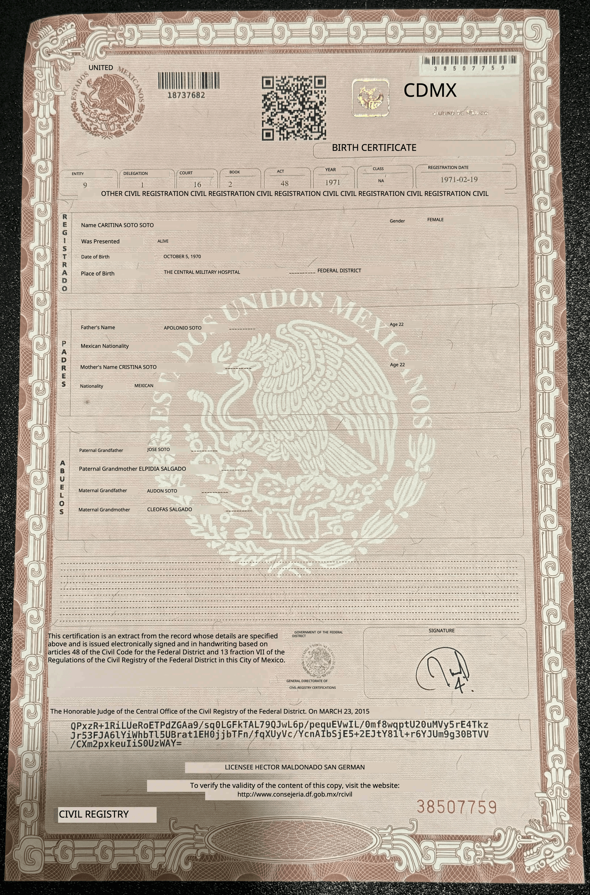 Translated Birth Certificate Image