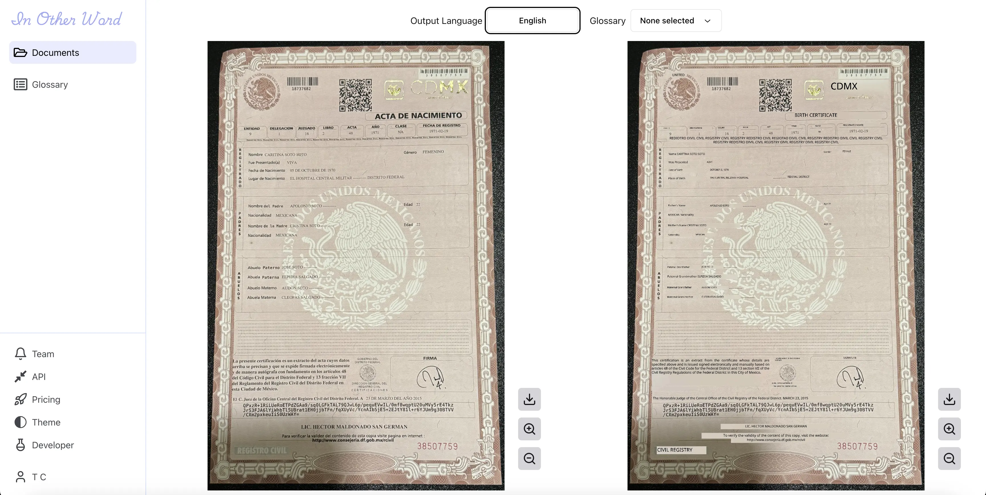 Translated Birth Certificate